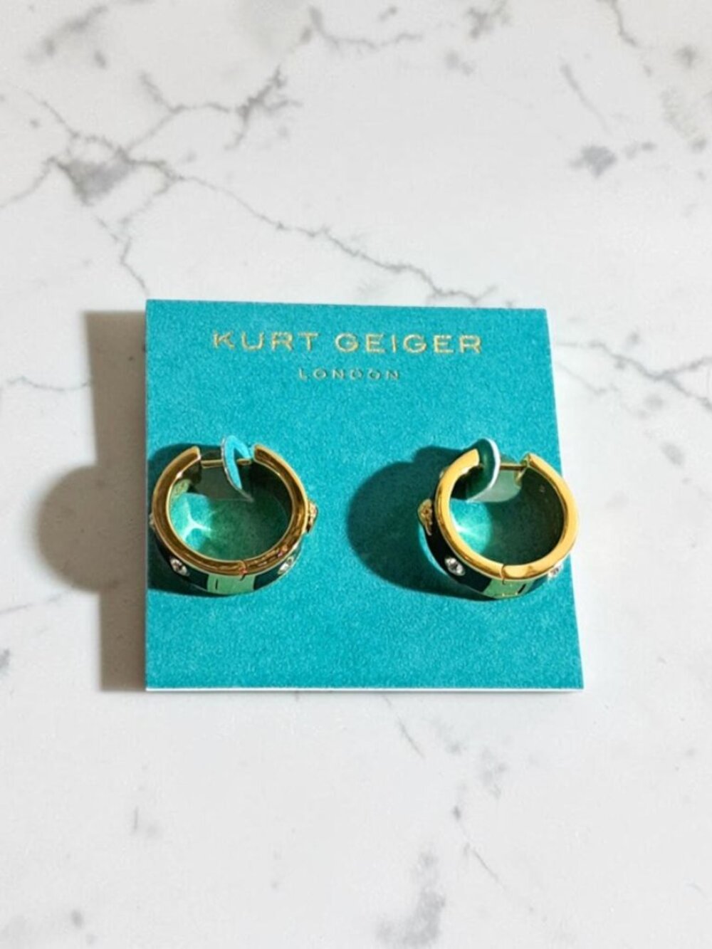 Kurt Geiger Black & Gold Eagle Enamel & Crystal Hoop Earrings